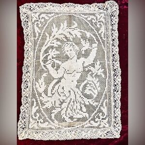Vintage Antique Lace CushionCoverlet wIntricate Mythic Design -Eros (?) or Satyr